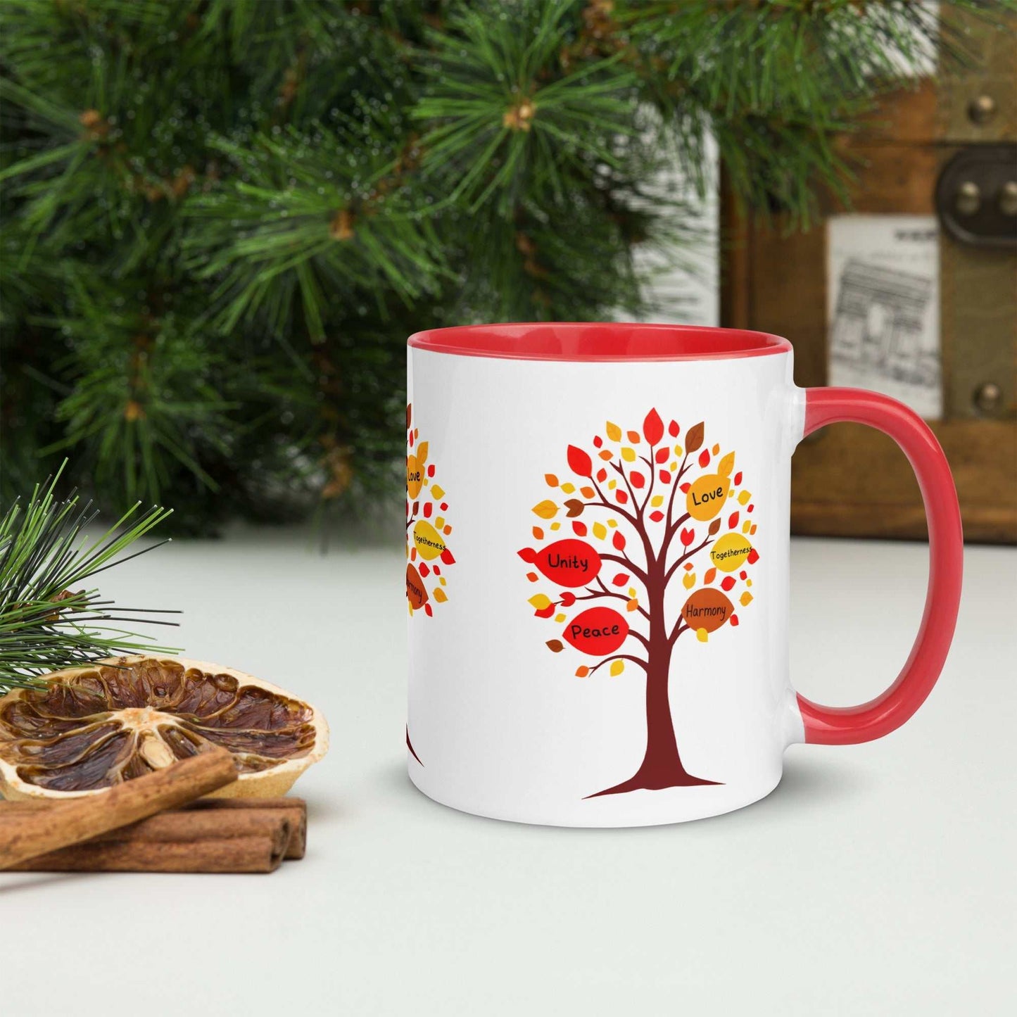 Thanksgiving Tree of Gifts ceramic mug with colored inside, Autumn-themed design, inspirational messages.