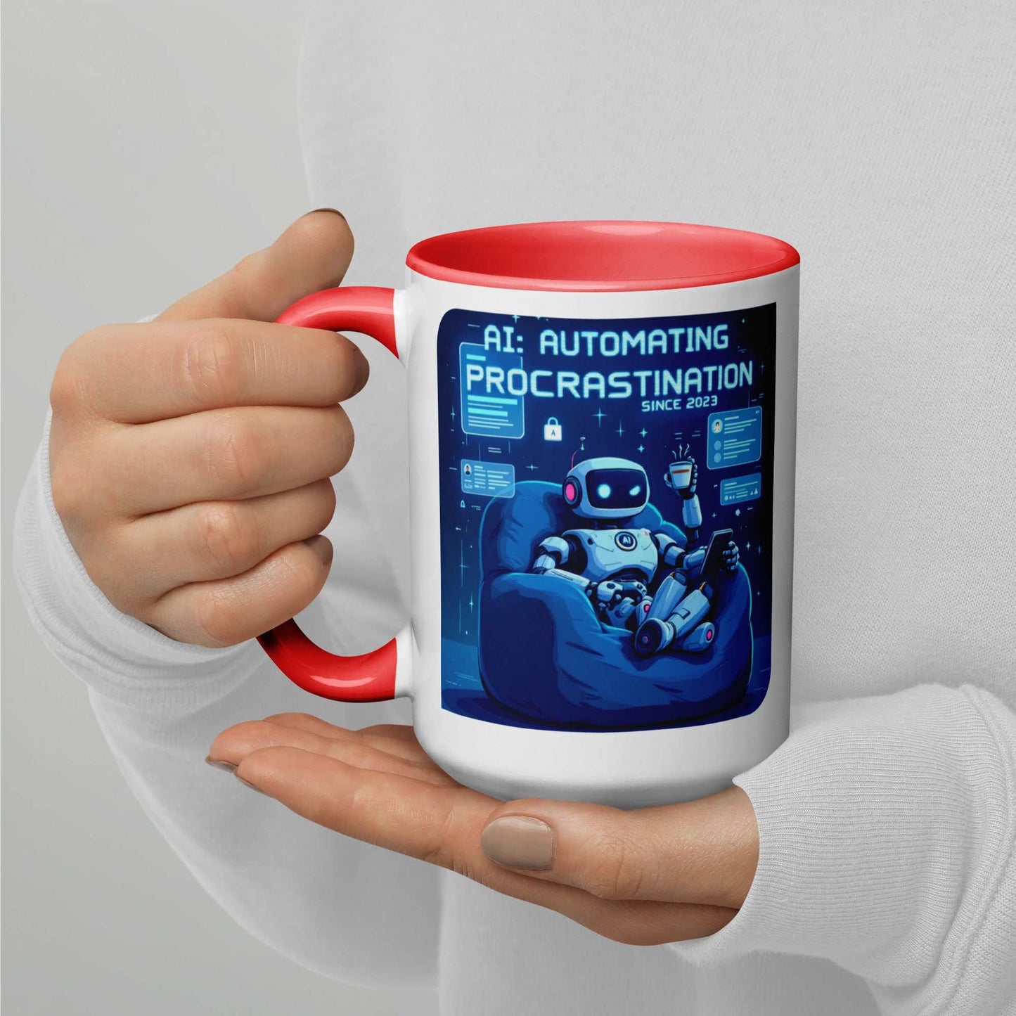 AI Procrastination Mug with cartoon robot lounging, surrounded by unfinished digital tasks and humorous tech design