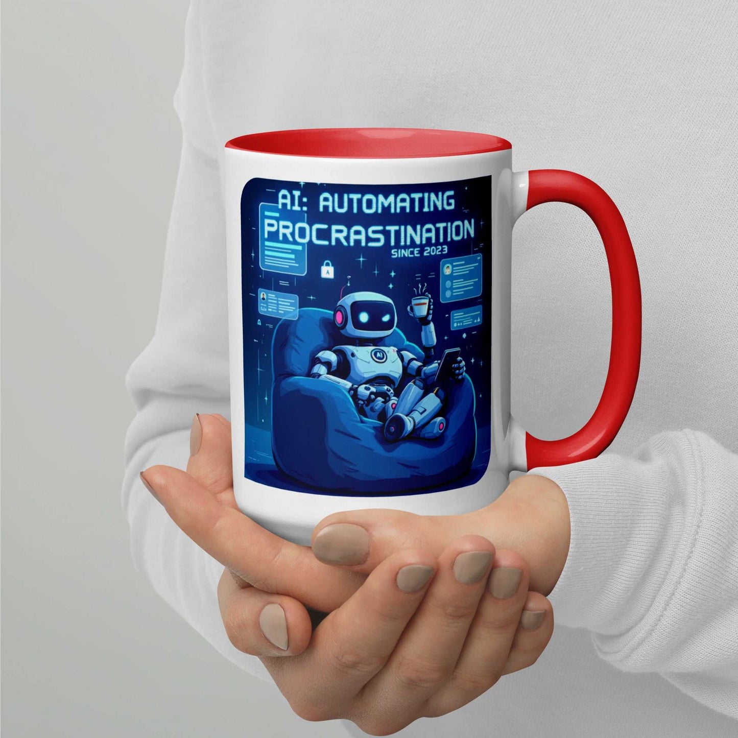 AI Procrastination Mug with cartoon robot lounging, surrounded by unfinished digital tasks and humorous tech design