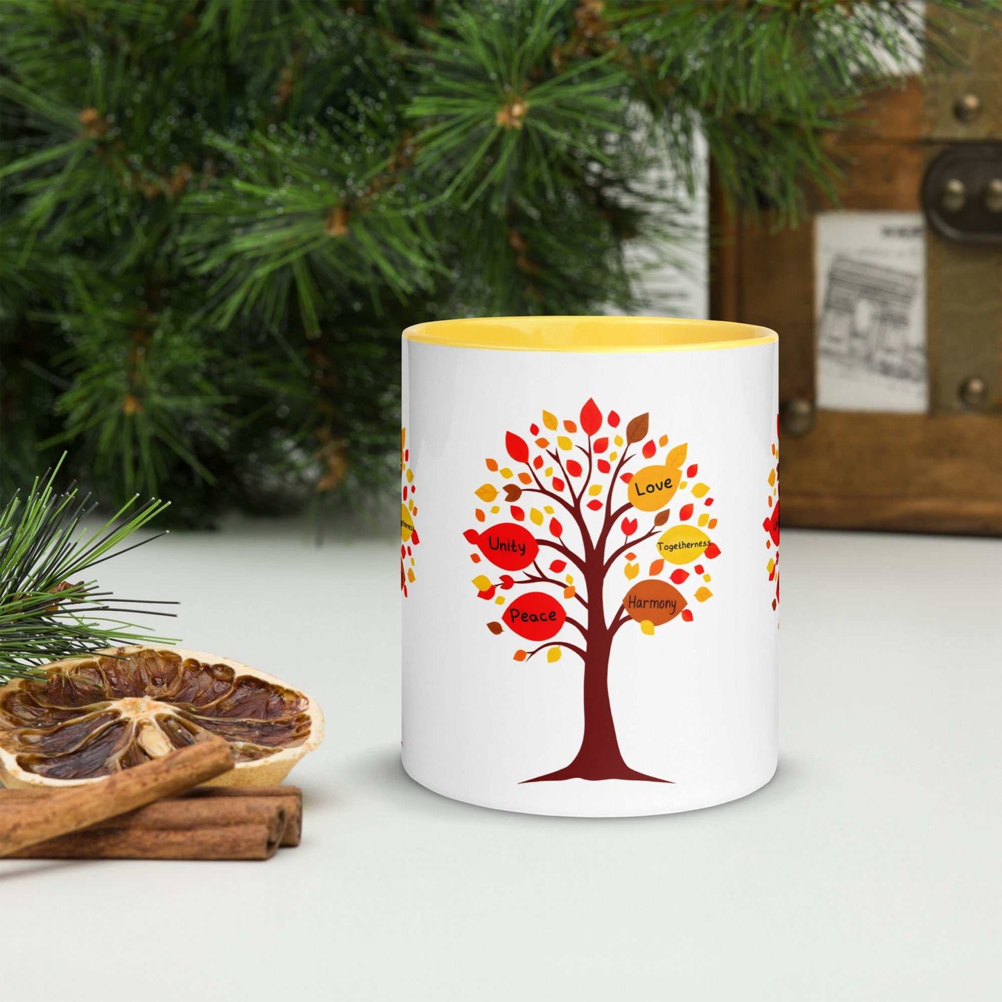 Thanksgiving Tree of Gifts mug with colorful leaves conveying messages of love and gratitude, 11 oz, ceramic, yellow interior.