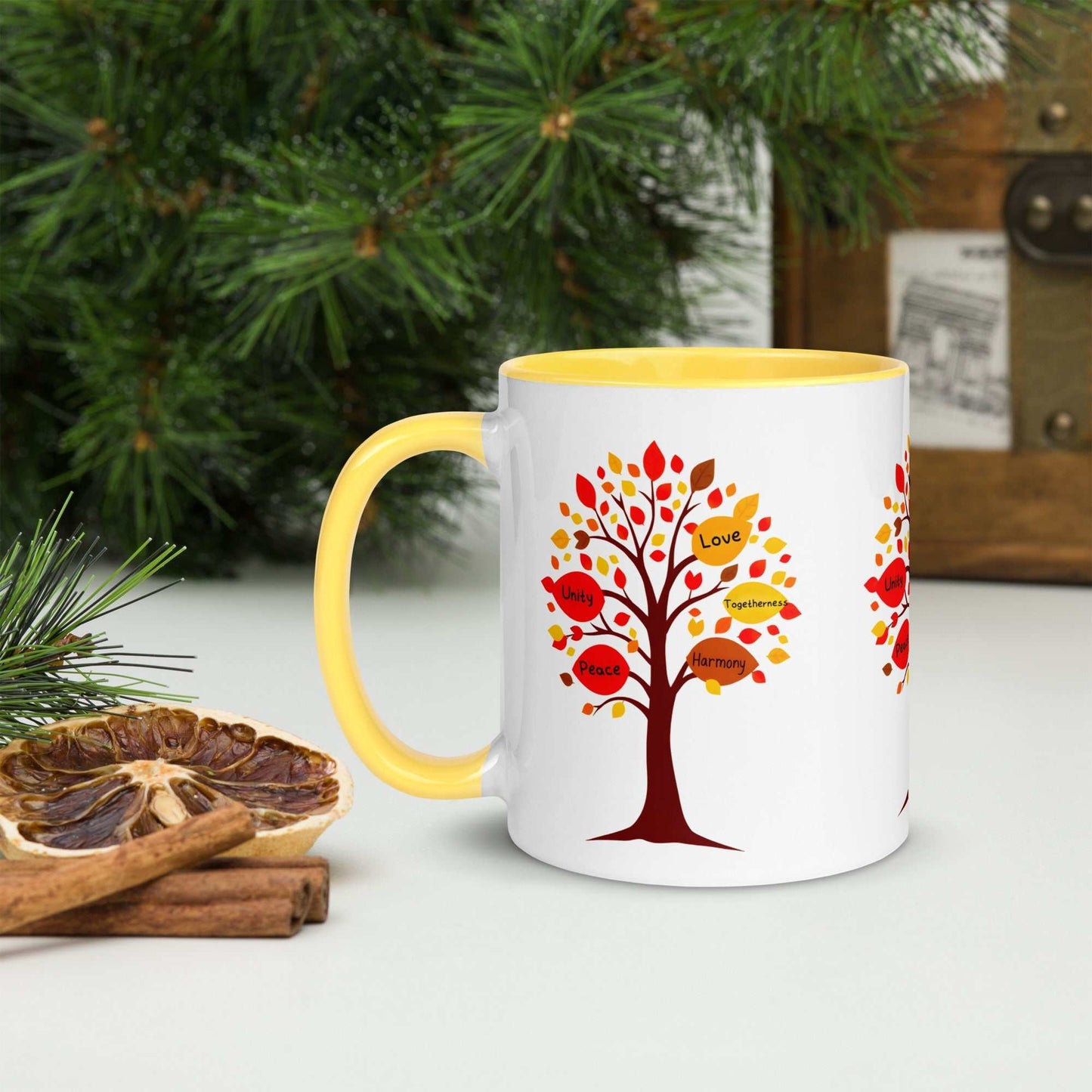 Thanksgiving tree mug with fall-themed design, featuring words like love and harmony, yellow interior.