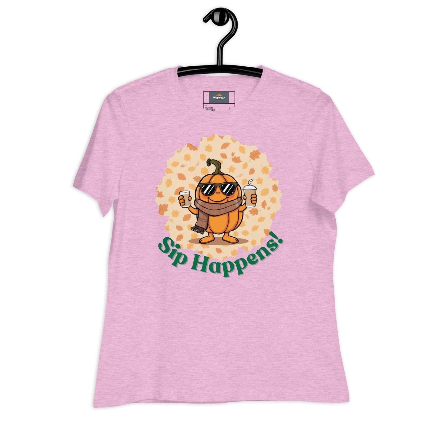 Image of a t-shirt with a cartoon pumpkin holding hot and cold Pumpkin Spice Latte T-Shirt, featuring the slogan "Sip Happens!" in playful font.