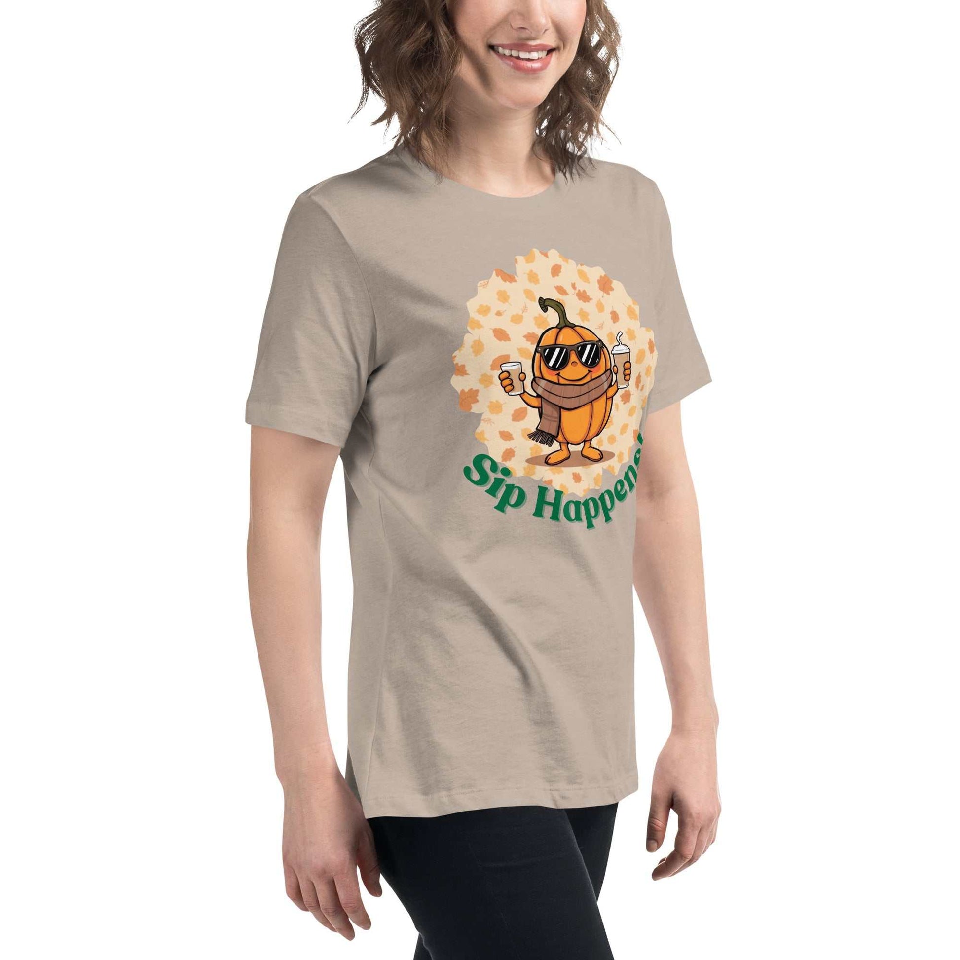 Image of a t-shirt with a cartoon pumpkin holding hot and cold Pumpkin Spice Latte T-Shirt, featuring the slogan "Sip Happens!" in playful font.