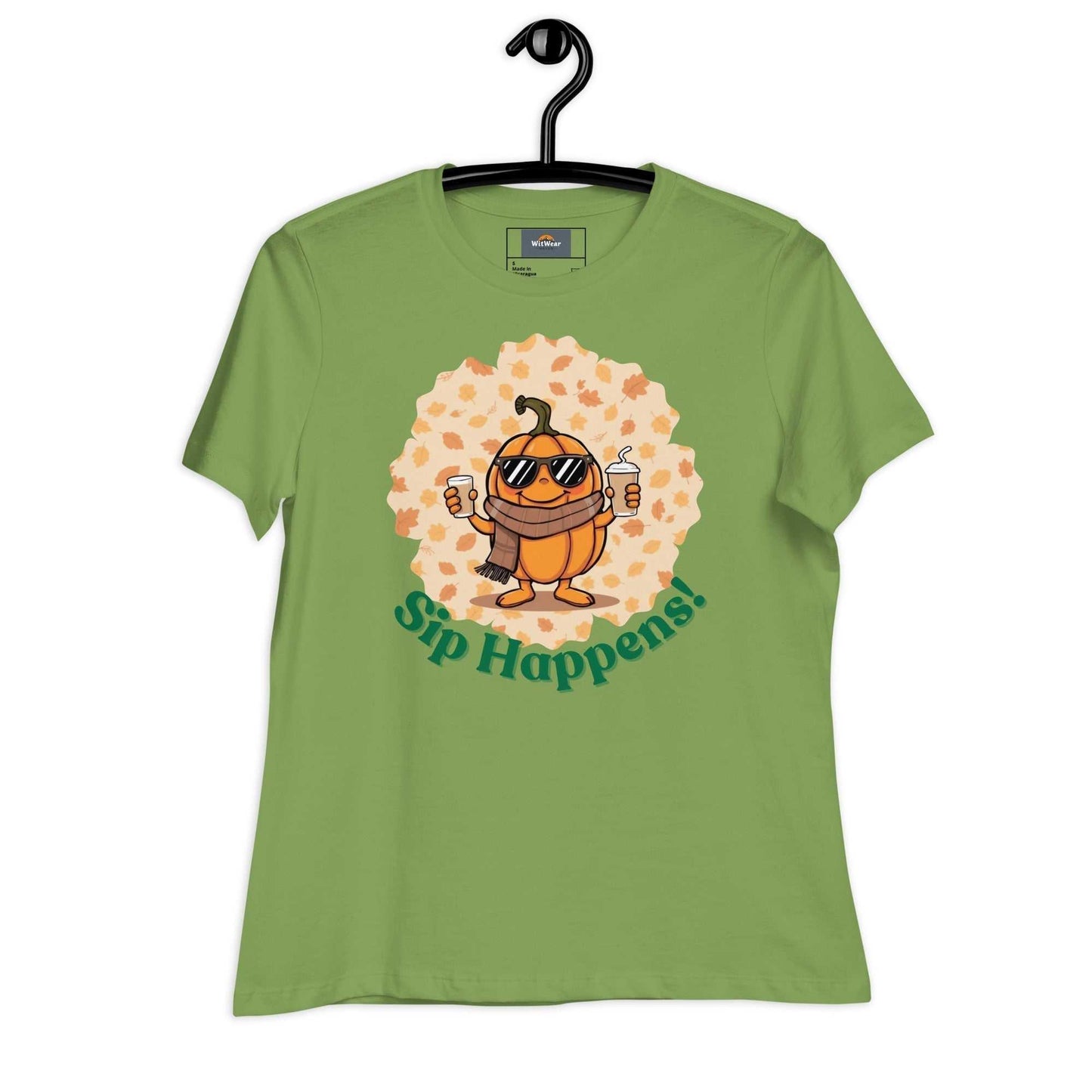 Image of a t-shirt with a cartoon pumpkin holding hot and cold Pumpkin Spice Latte T-Shirt, featuring the slogan "Sip Happens!" in playful font.