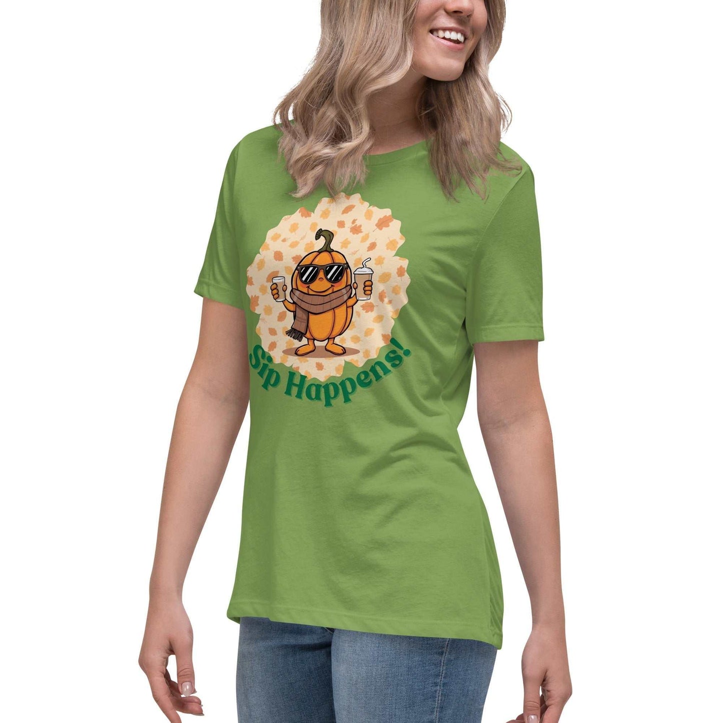 Image of a t-shirt with a cartoon pumpkin holding hot and cold Pumpkin Spice Latte T-Shirt, featuring the slogan "Sip Happens!" in playful font.