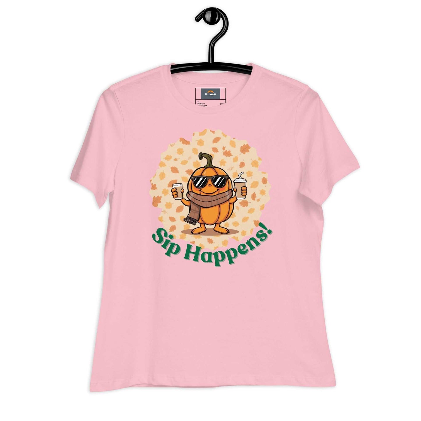 Image of a t-shirt with a cartoon pumpkin holding hot and cold Pumpkin Spice Latte T-Shirt, featuring the slogan "Sip Happens!" in playful font.