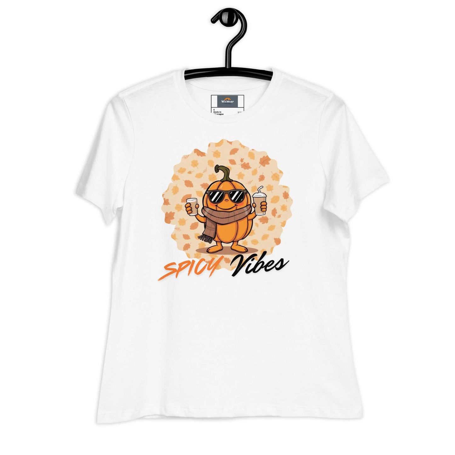 Image of a playful t-shirt featuring a cartoon pumpkin holding hot and cold pumpkin spice lattes with the "Spicy Vibes" tagline.