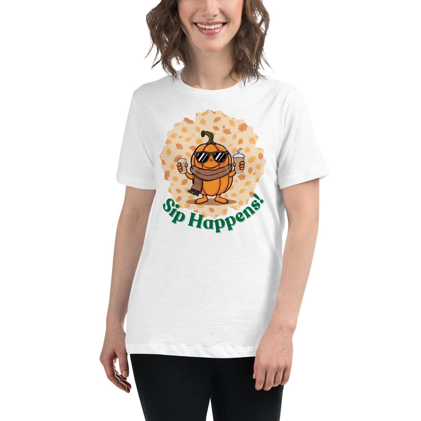 Image of a t-shirt with a cartoon pumpkin holding hot and cold Pumpkin Spice Latte T-Shirt, featuring the slogan "Sip Happens!" in playful font.