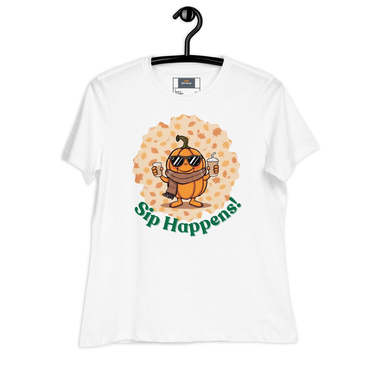 Image of a t-shirt with a cartoon pumpkin holding hot and cold Pumpkin Spice Latte T-Shirt, featuring the slogan "Sip Happens!" in playful font.